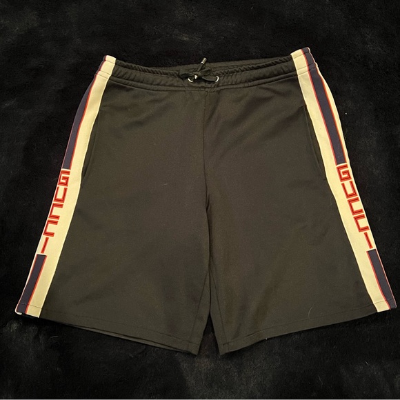 Gucci black technical jersey shorts with logo stripes